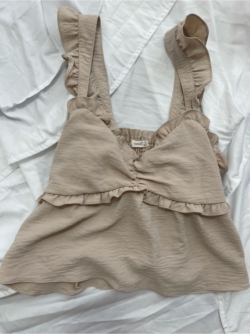 Beige Ruffle Crop Tank Top
